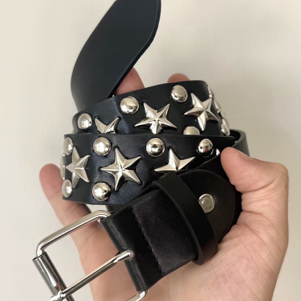 Y2K Black Silver Star Studded Belt Unisex Goth Emo Style 44" Long - Picture 13 of 16